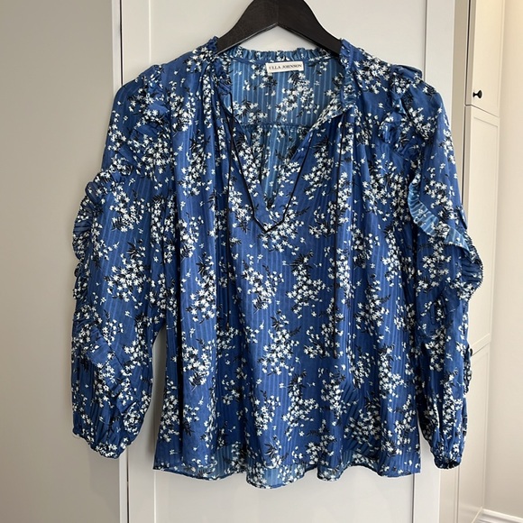 Ulla Johnson Manet Floral Print Cotton & Silk Blouse Navy White Ruffle Blue - Picture 3 of 4